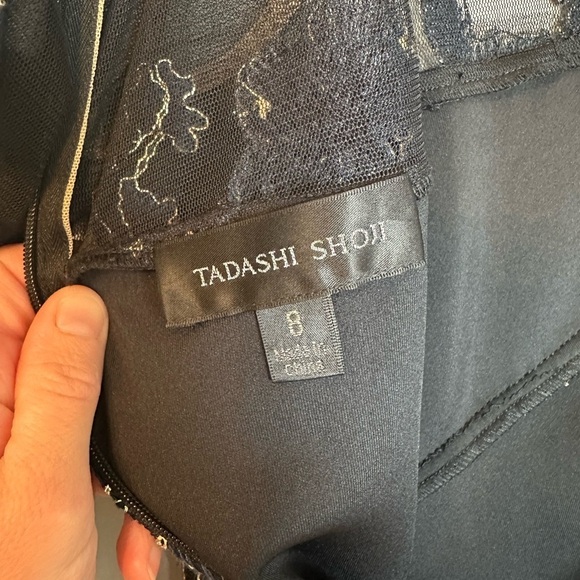 Tadashi Shoji Cardea Embroidered Illusion Sheath Dress Starry Night 8 Blue Gold - Picture 8 of 11